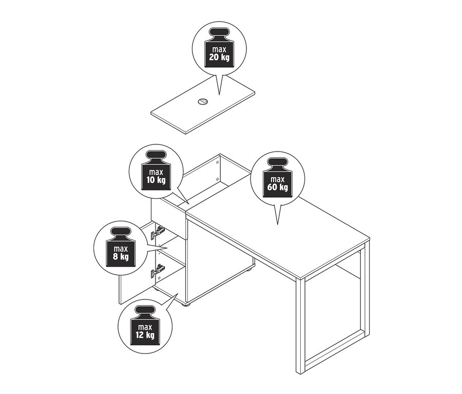Zeichnung eines Schreibtischs mit Stauraum und einer maximalen Traglast von 60 kg.