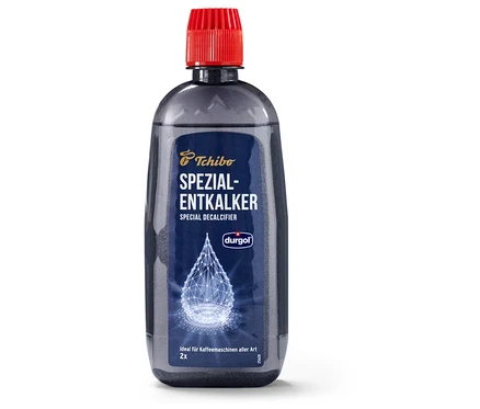 Eine Flasche durgol® Spezial-Entkalker, 400 ml, mit rotem Verschluss steht auf einem weißen Hintergrund.
