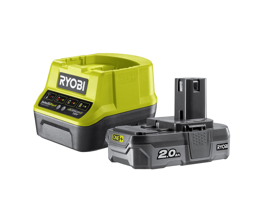 Ein Ryobi One+ Ladegerät und Akku.