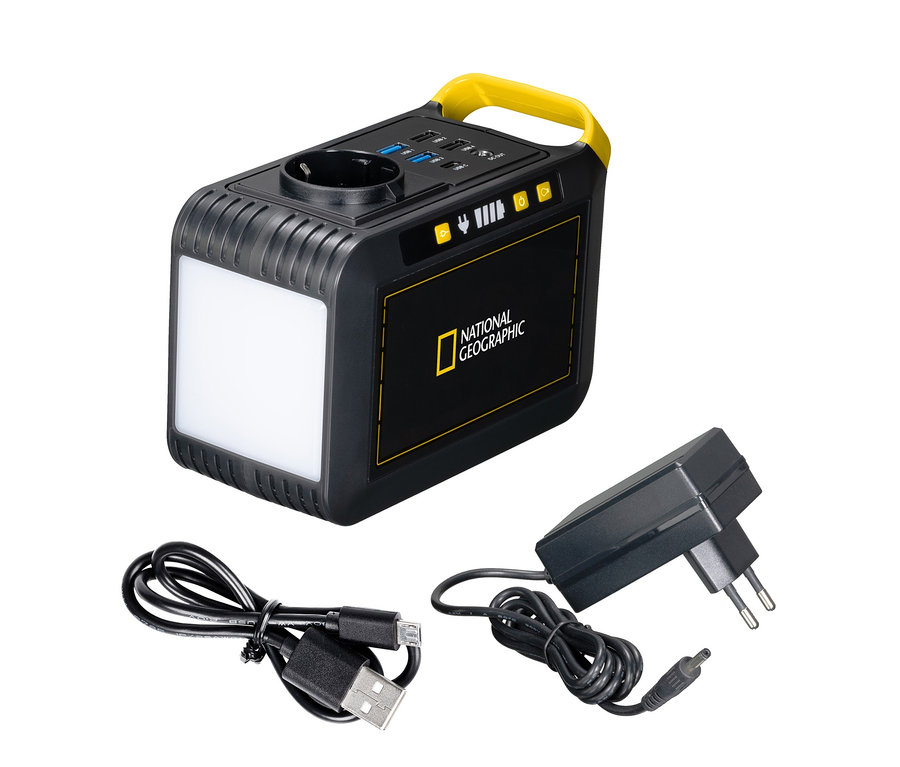 Schwarze National Geographic Mobile Power Station mit USB-, AC- und DC-Anschlüssen und gelbem Griff.