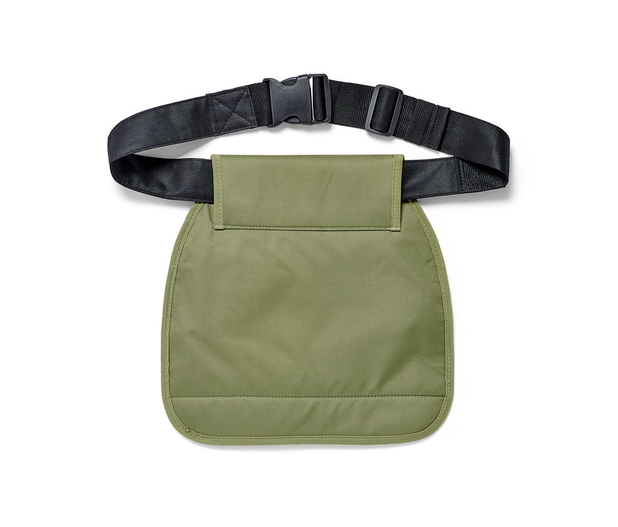 Grüner Gartenwerkzeug-Gürtel mit schwarzem Gurtband und Kunststoffschnalle.