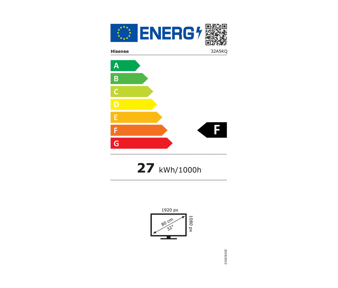Ein Energieetikett mit den Klassen A bis G und einem Verbrauch von 27 kWh/1000h. Hisense 32A5KQ TV wird dargestellt.