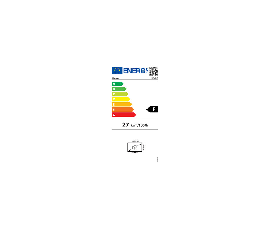 Ein Energieetikett mit den Klassen A bis G und einem Verbrauch von 27 kWh/1000h. Hisense 32A5KQ TV wird dargestellt.