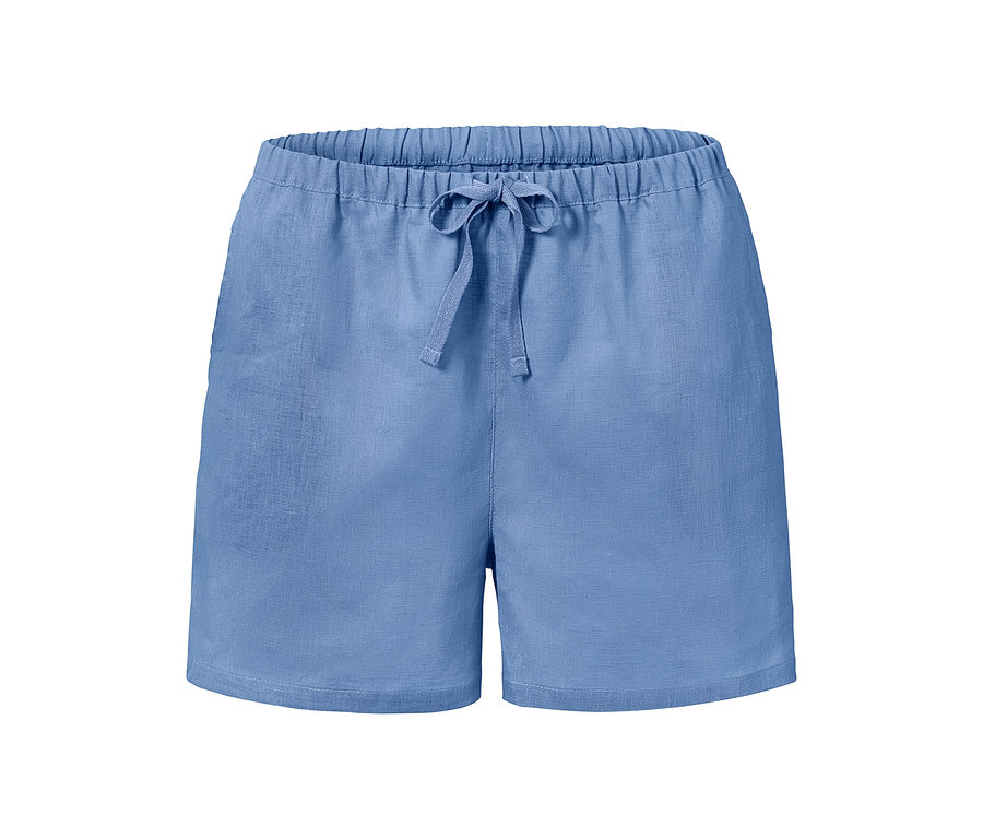 Blaue Leinen-Shorty-Pyjama mit elastischem Bund und Kordelzug.