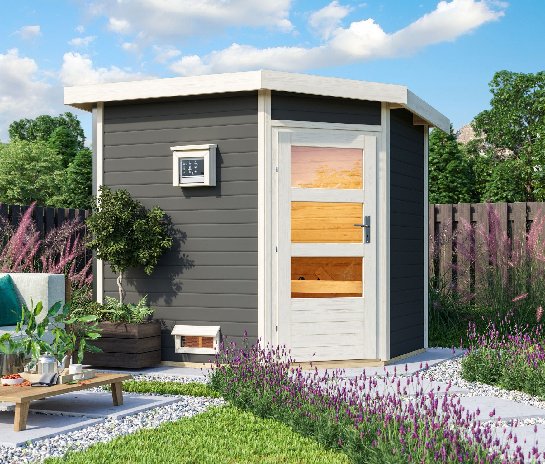 Außenansicht des terragrauen finnischen Saunahauses Karibu »Mari« mit Sitzbereich und Garten.