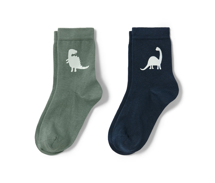 Zwei Paar Socken, ein Paar olivgrün und das andere dunkelblau, jeweils mit einem weißen Dinosaurierbild.