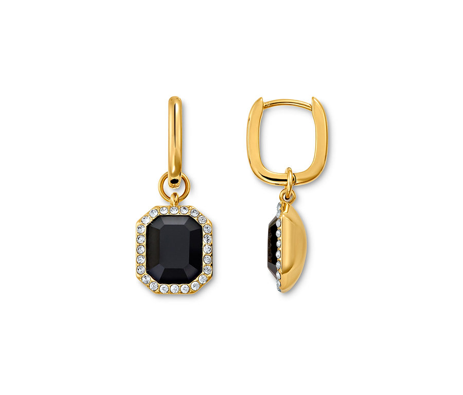 Zwei goldene Creolen Royal Black Ohrringe mit schwarzem Stein und klaren Kristallen.