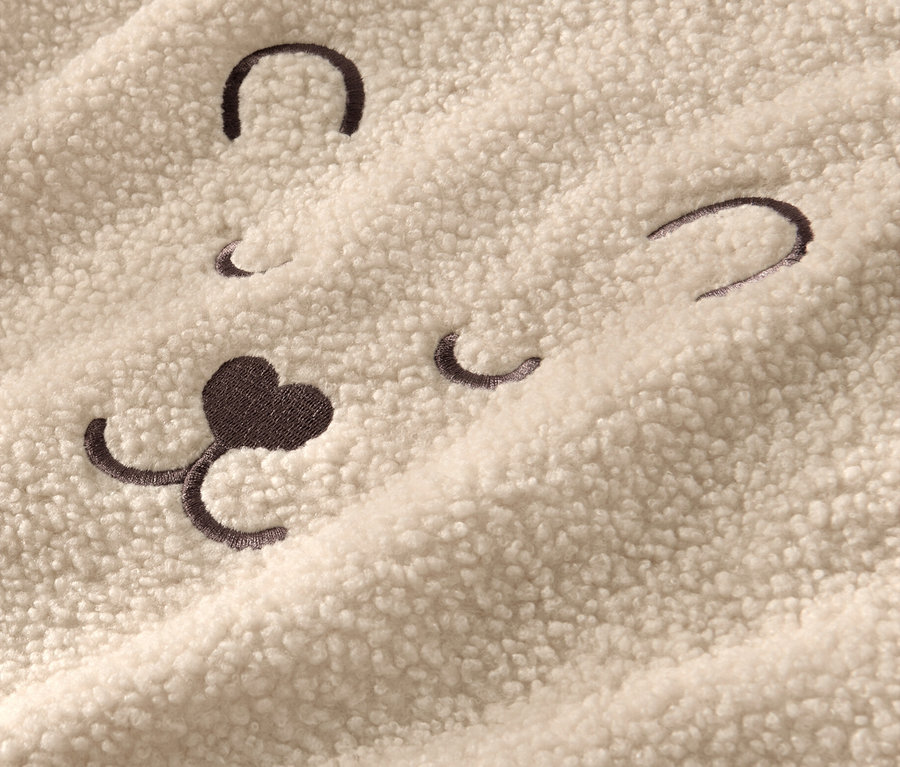 Detailansicht eines Kuschel-Sweaters mit aufgesticktem Bärengesicht.