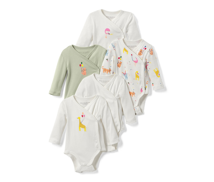 Fünf Baby-Bodys mit Mitwachsfunktion und Tiermotiven.
