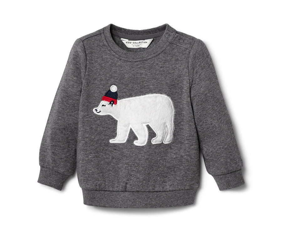 Grauer Kinder-Sweater mit Eisbär-Applikation mit rot-blauer Mütze.