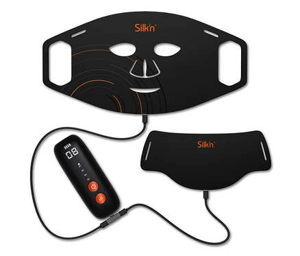 Silk'n Dual-LED-Set Gesichts- und Halsmaske, mit Kabel und Bedienelementen auf weißem Grund.