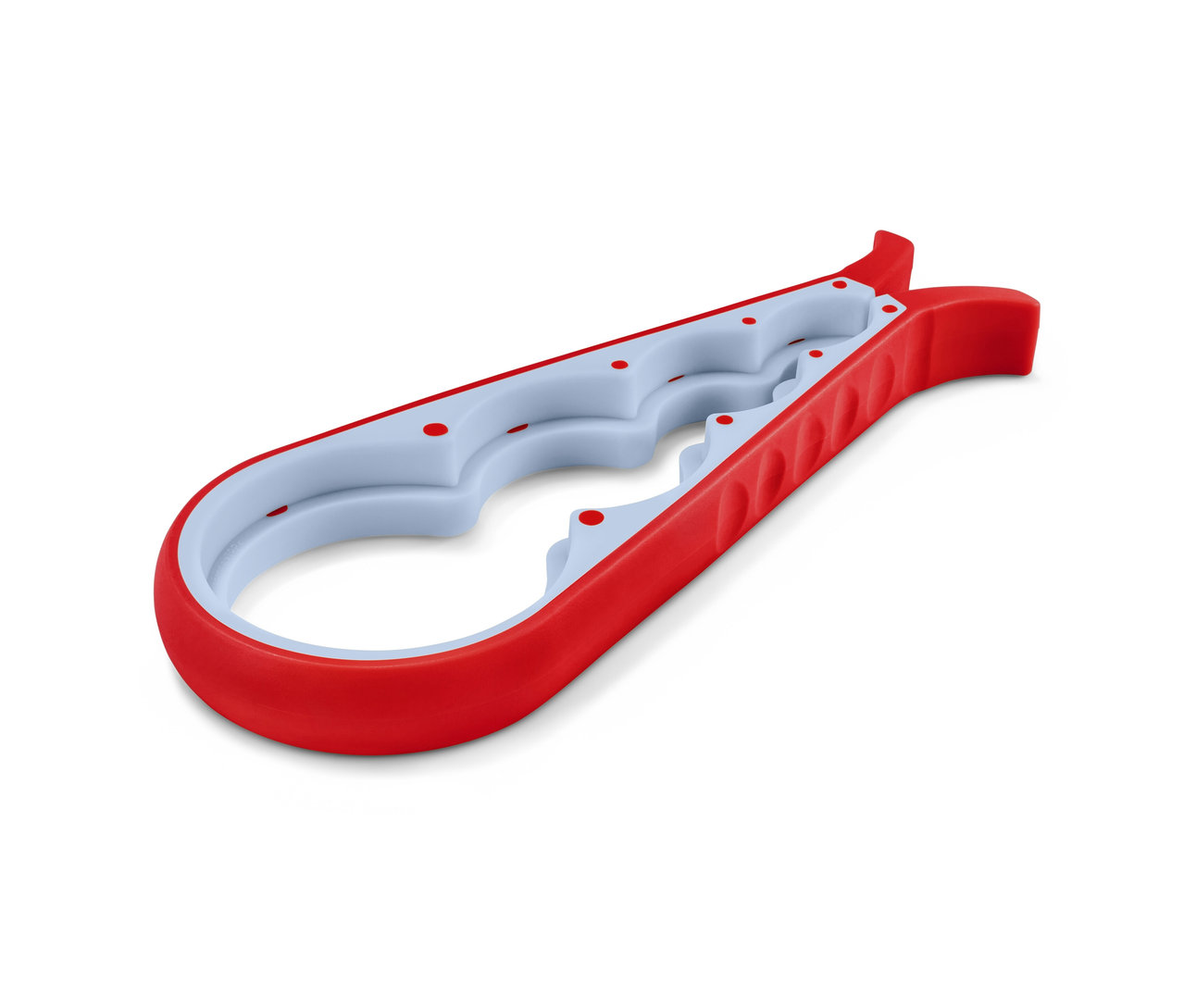 Ein rot-weißer Glas-und-Flaschenöffner.