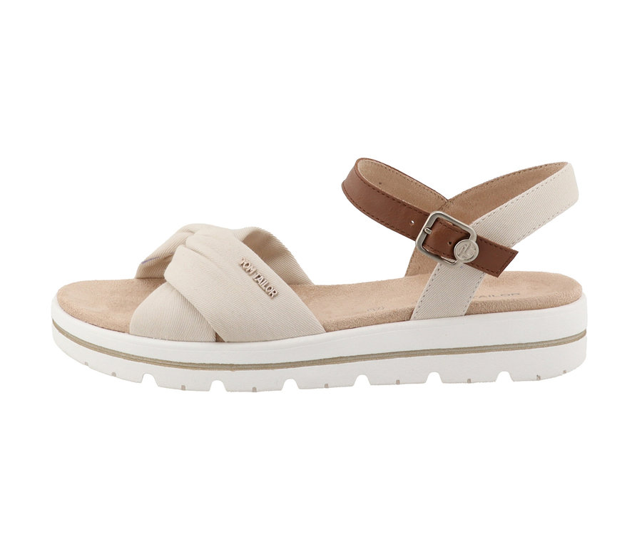 Offwhite Tom Tailor Sandale aus Textil/PU auf einer weißen Plateausohle.
