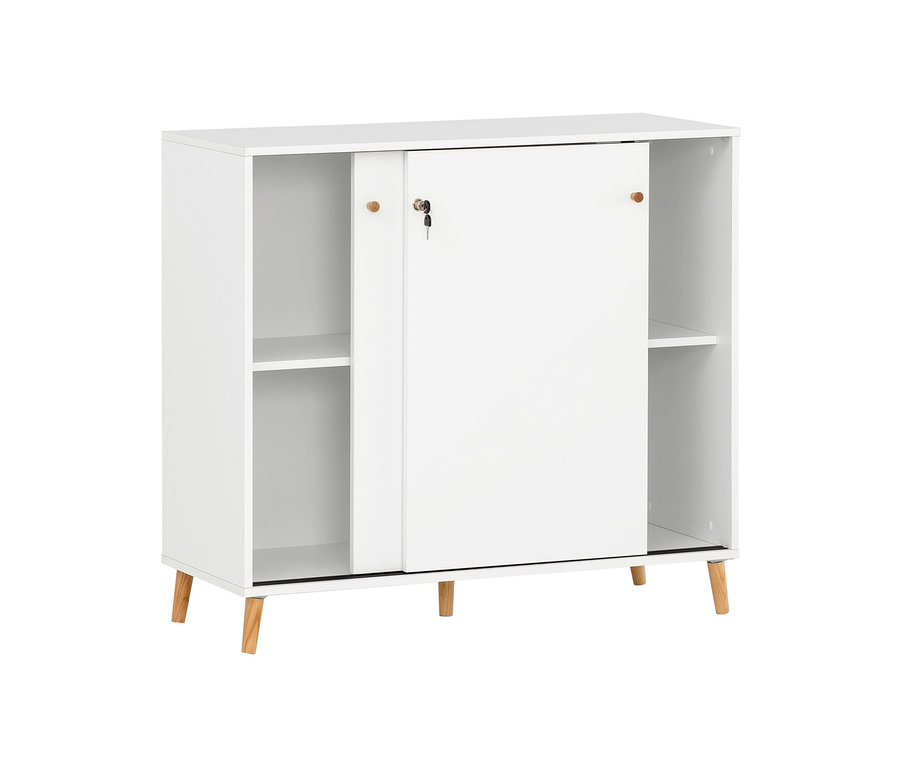 Weißer Schiebetürenschrank »Serie 500« mit Regalen und Holzfüßen.