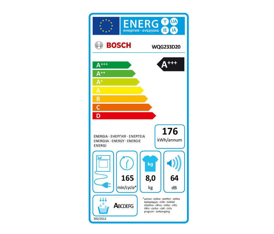 Energielabel für Bosch Wärmepumpen-Trockner »WQG233D20«, A+++, 8 kg: 176 kWh/Jahr, 64 dB.
