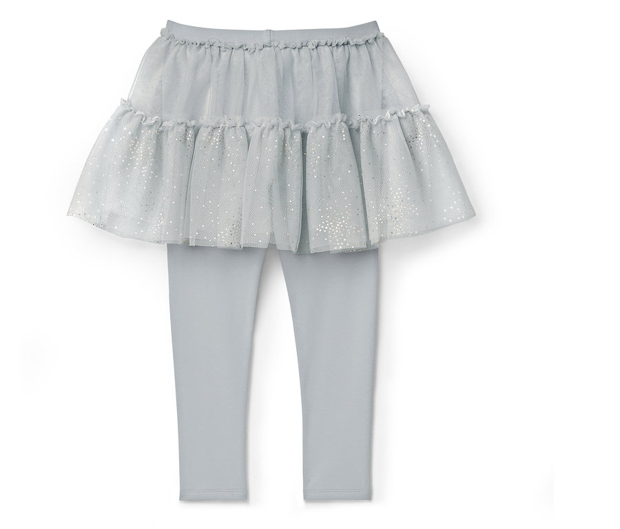 Hellblaue Leggings mit hellblauem Tüllrock mit Rüschen.
