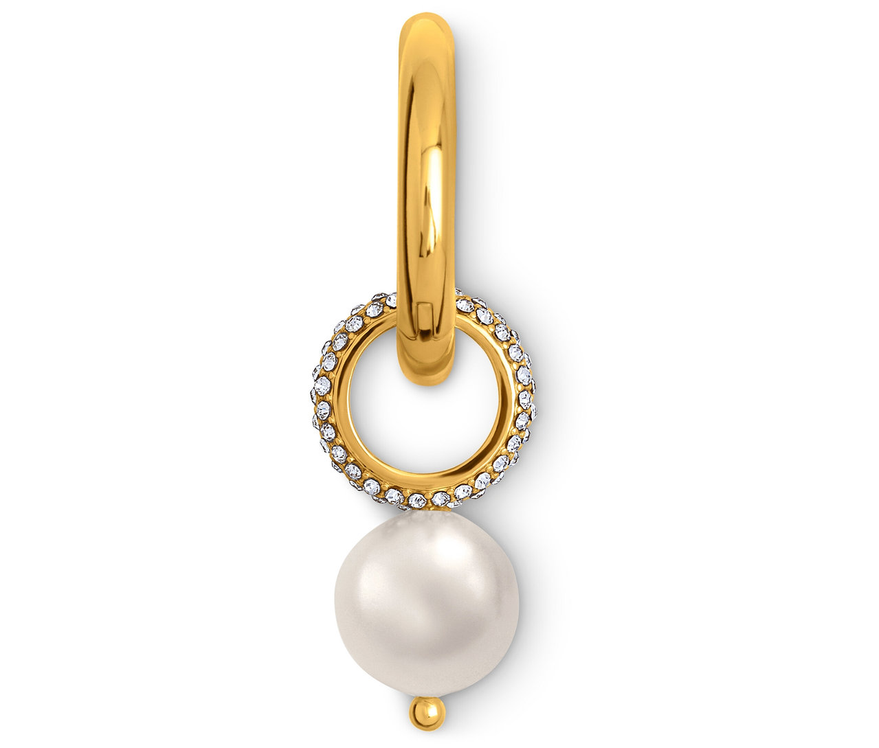 Detail eines goldenen Ohrrings mit Perle und Strasssteinen.