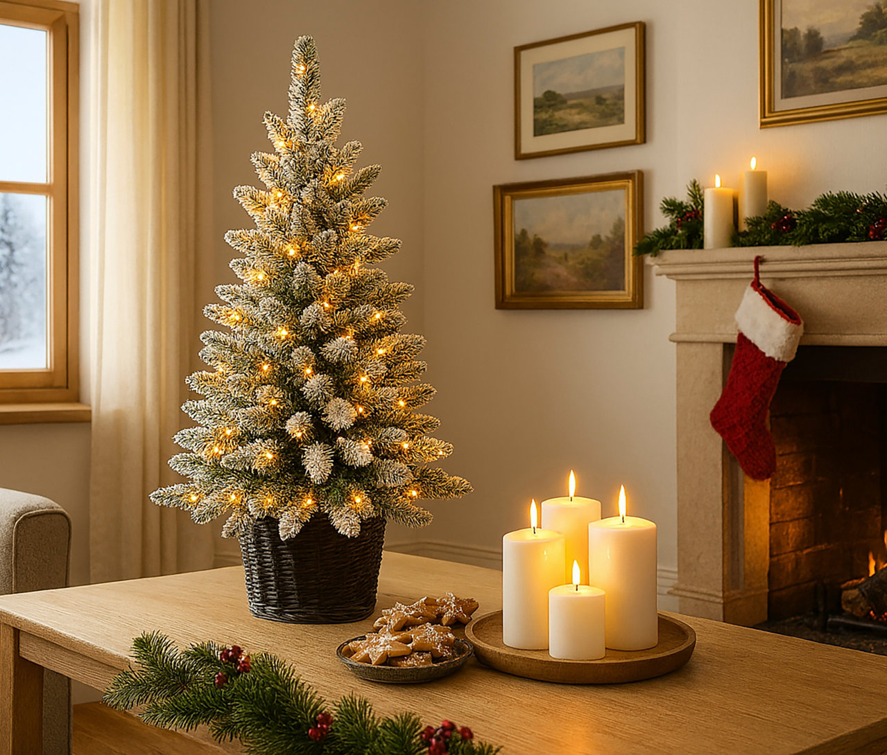 Evergreen LED-Weihnachtsbaum mit geflochtenem Übertopf, ca. 90 cm steht auf einem Tisch neben Keksen und Kerzen.