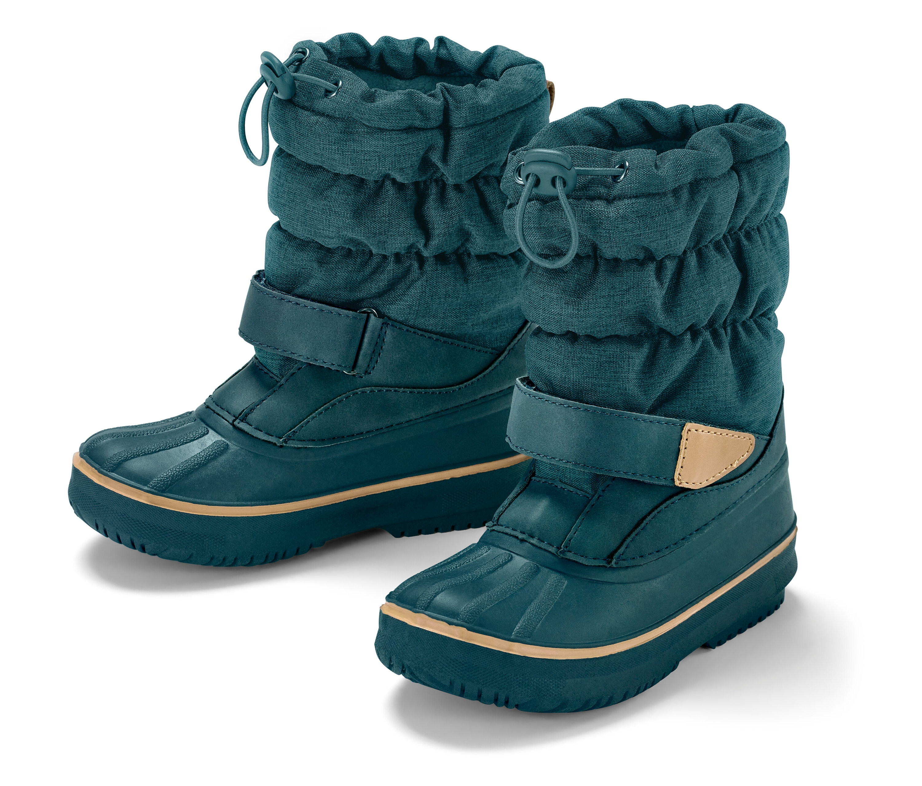Zwei blaugrüne Kinder-Schneestiefel mit beiger Sohle.