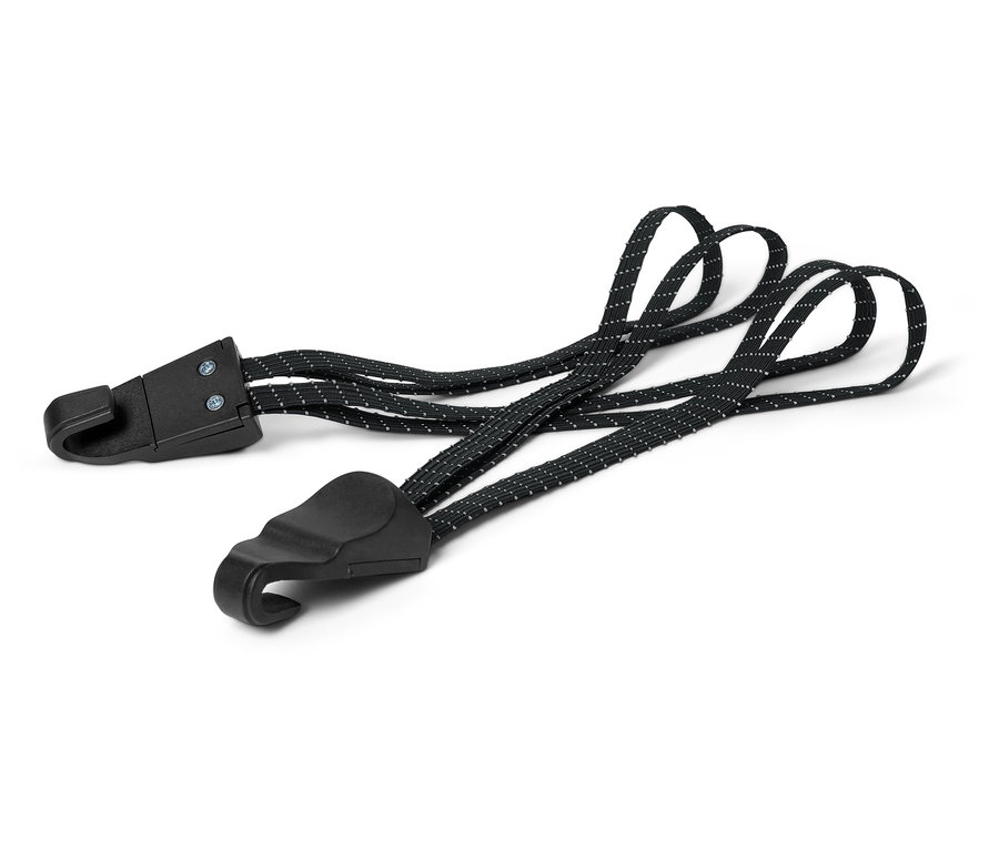 Zwei schwarze, elastische Riemen mit Haken an den Enden liegen auf einem weißen Hintergrund.