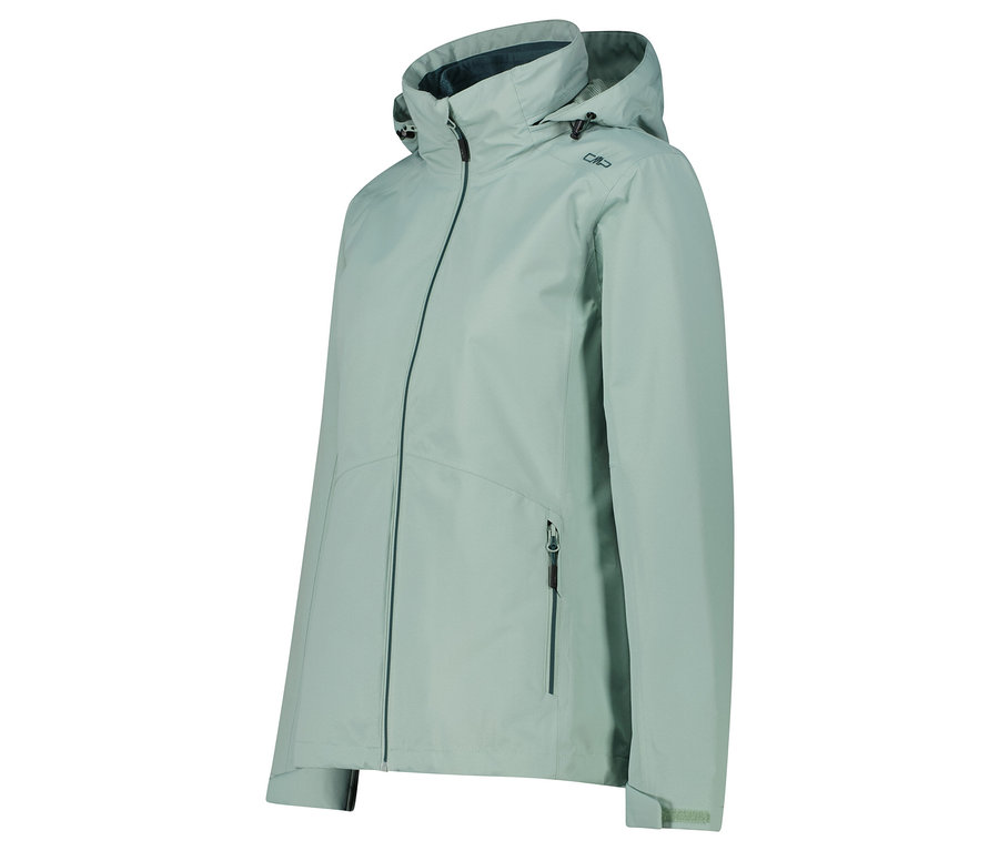 Hellgrüne Jacke mit Kapuze und Reißverschluss in der Mitte.