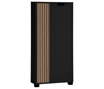 Schwarzer Schrank mit Holzlamellen auf der linken Seite.