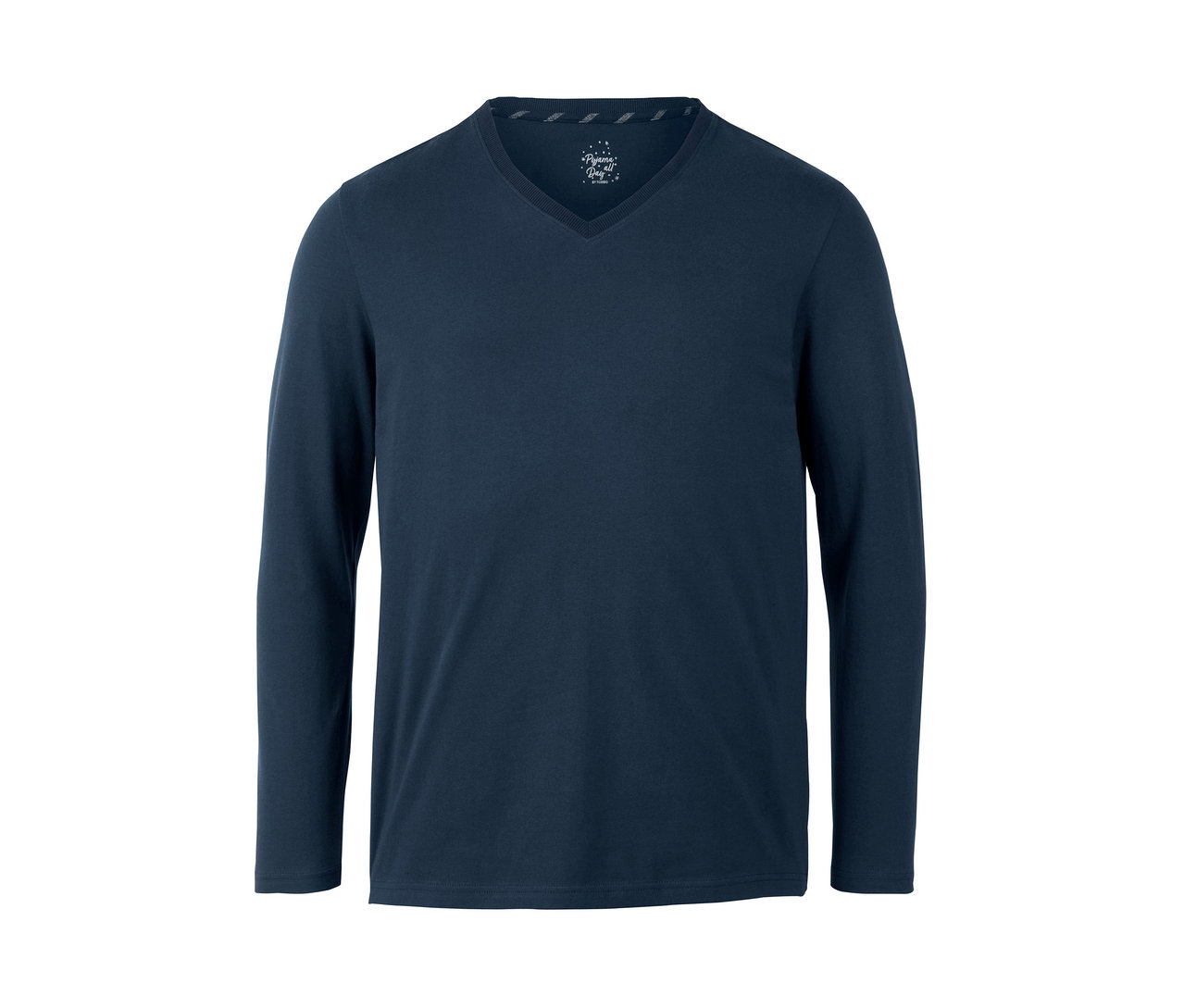 Blaues langärmeliges Pyjamaoberteil mit V-Ausschnitt.