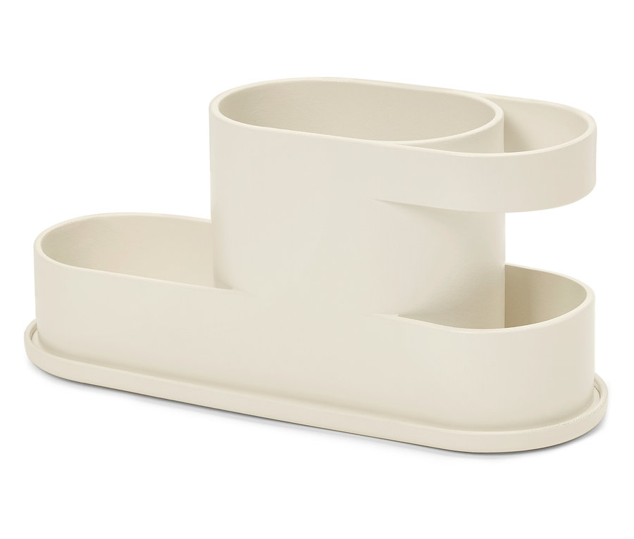 Ein cremefarbener Küchenutensilien-Organizer.