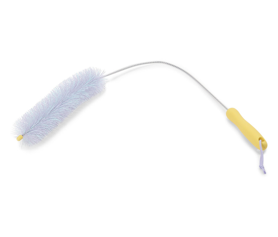 Flaschenbürste mit weißen Borsten und gelbem Griff.