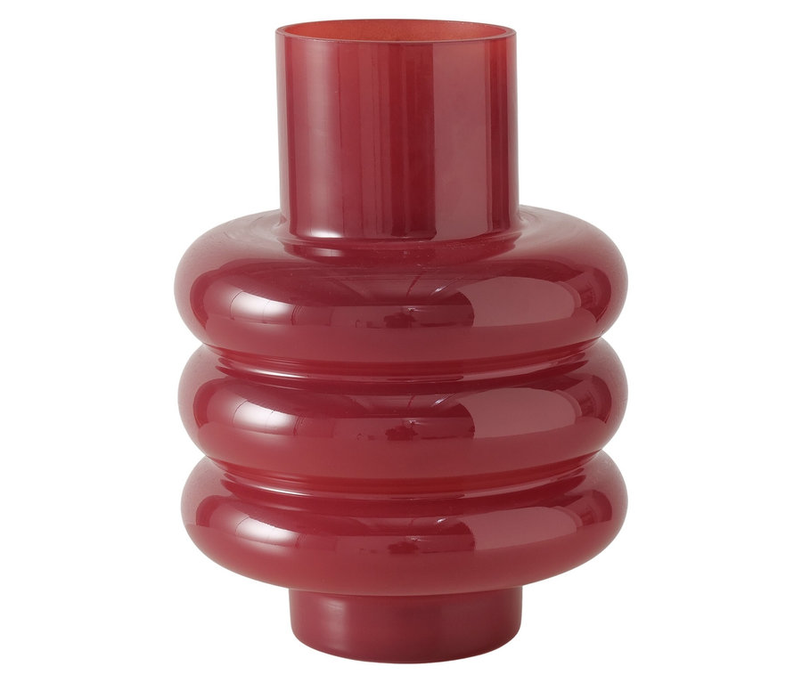 Eine rote Glasvase im runden Design, genannt »Ribbo«.