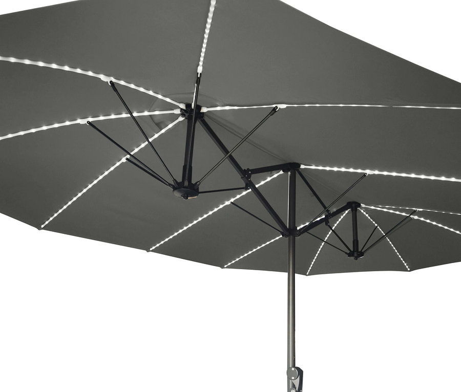 Grauer LECO Doppel-Sonnenschirm* mit LED-Beleuchtung, oval, ca. 270 x 460 cm.