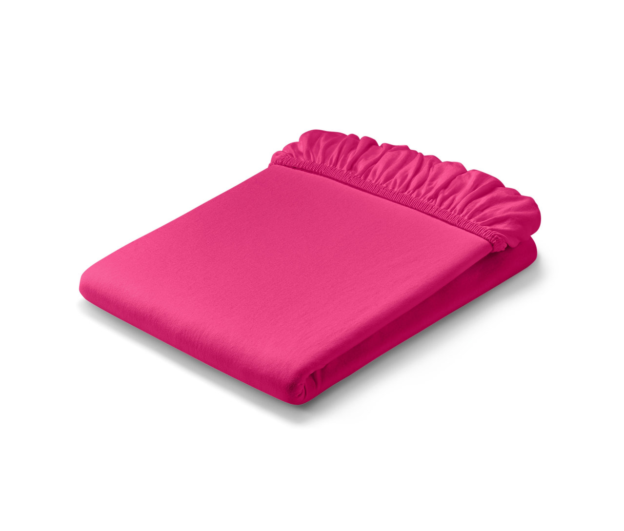 Gefaltetes, pinkes Jersey-Spannbettlaken in Normalgröße und Jersey-Spannbettlaken in Doppelgröße.