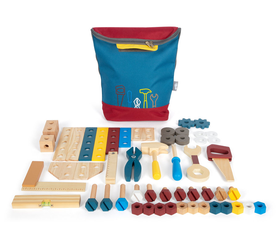 Blauer Rucksack mit Holzwerkzeug von small foot Werkzeugrucksack Workshop.