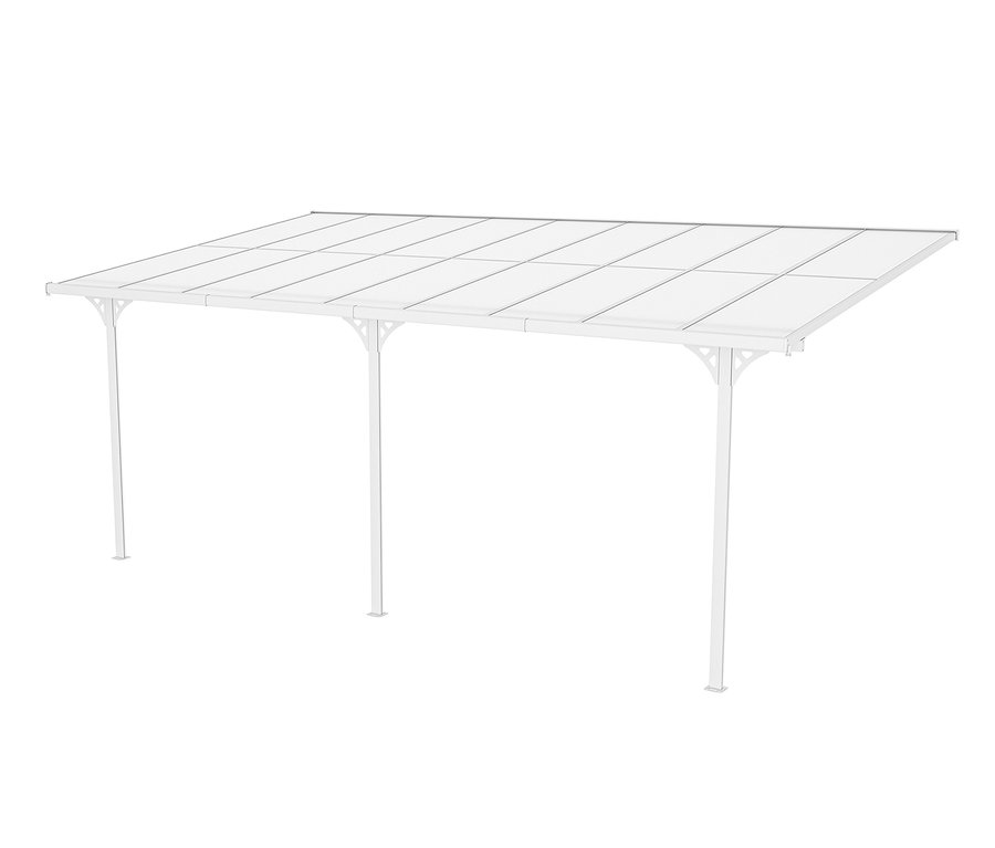 Weiße Terrassenüberdachung, Breite ca. 556 cm.