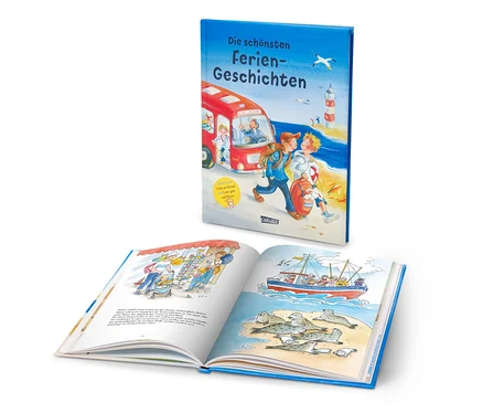 Illustration eines Buches mit dem Titel "Die schönsten Feriengeschichten".
