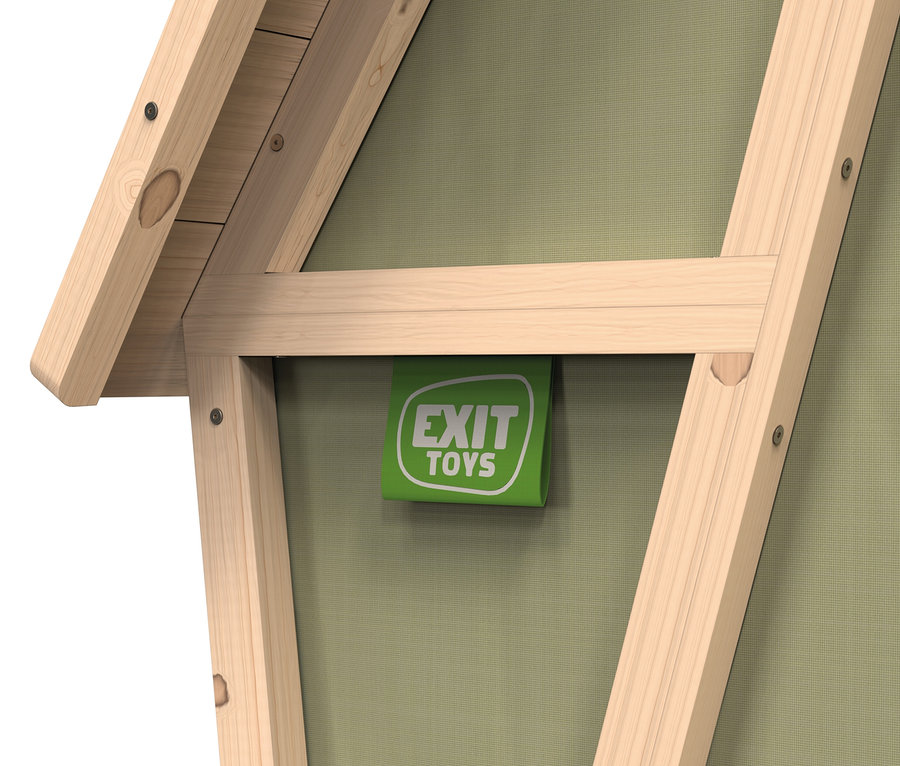 Detail vom Rahmen des EXIT Spielhaus »Yuki 300« mit Rutsche und grünem EXIT Toys Logo.