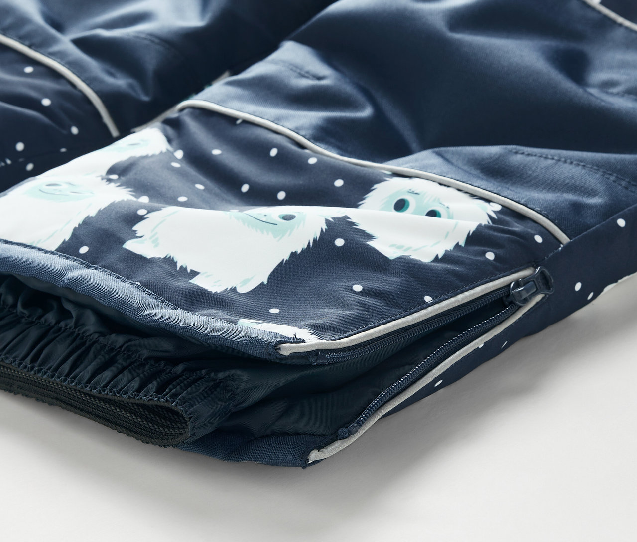 Detailaufnahme einer dunkelblauen Kinder-Skihose mit seitlichem Reißverschluss und Aufdruck von weißen Schneemännern.