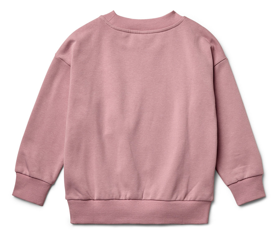 Rosa Sweatshirt mit langen Ärmeln liegt auf einem weißen Hintergrund.