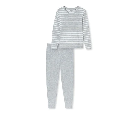 Grau gestreiftes SCHIESSER Frottee-Pyjama-Set, bestehend aus einem langärmeligen Oberteil und einer Hose.