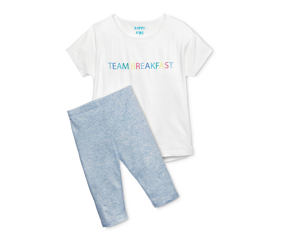 Weißer Pyjama mit Leggings und TEAM BREAKFAST Schriftzug.
