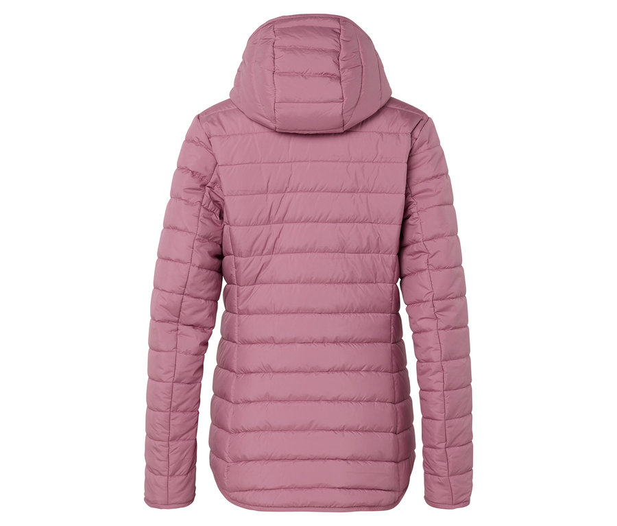 Rückansicht einer gesteppten Jacke mit Kapuze in Rosa.