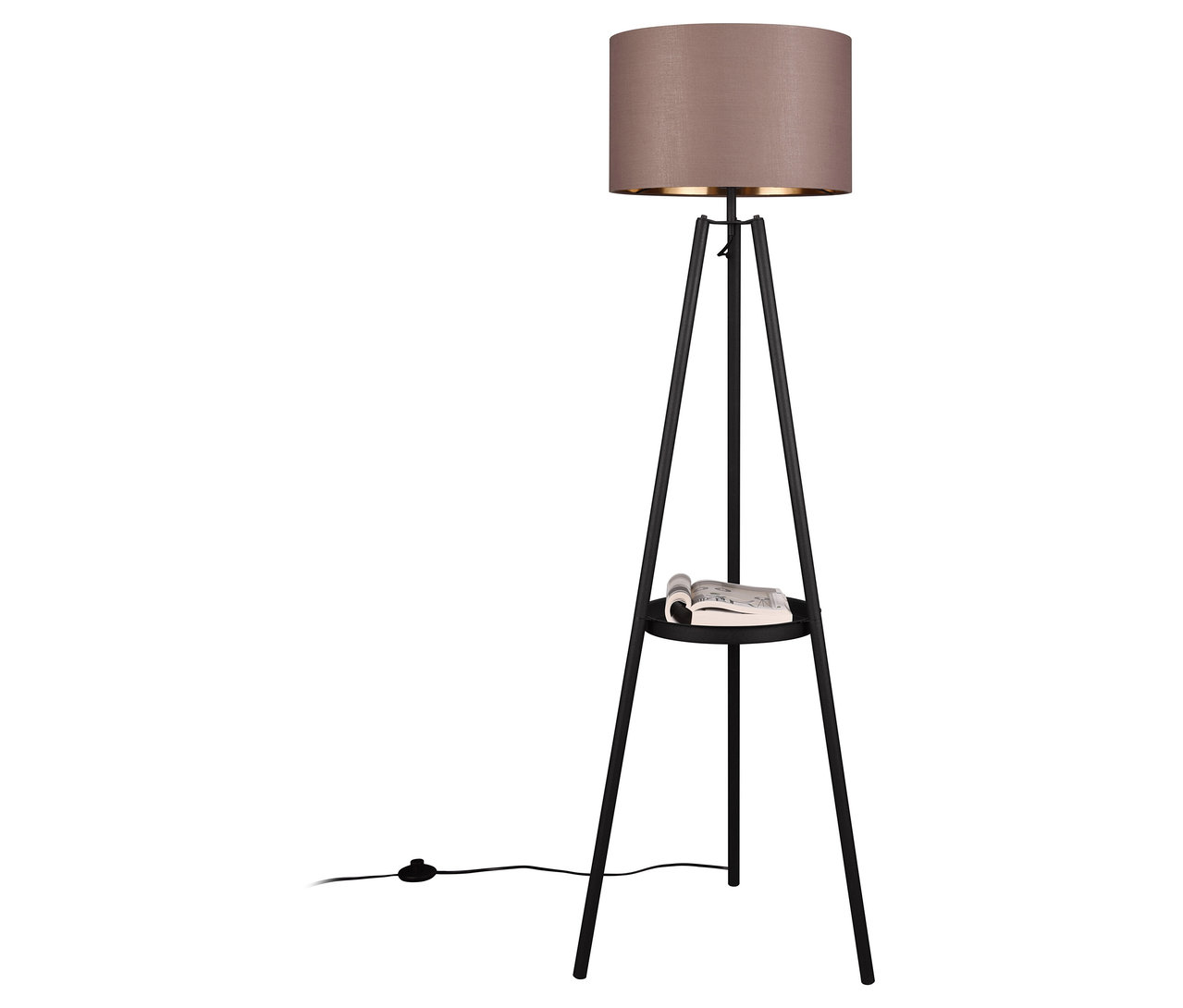 Trio Stehleuchte »Colette« mit braunem Lampenschirm und schwarzem Gestell mit kleinem Tisch, auf dem ein Buch liegt.
