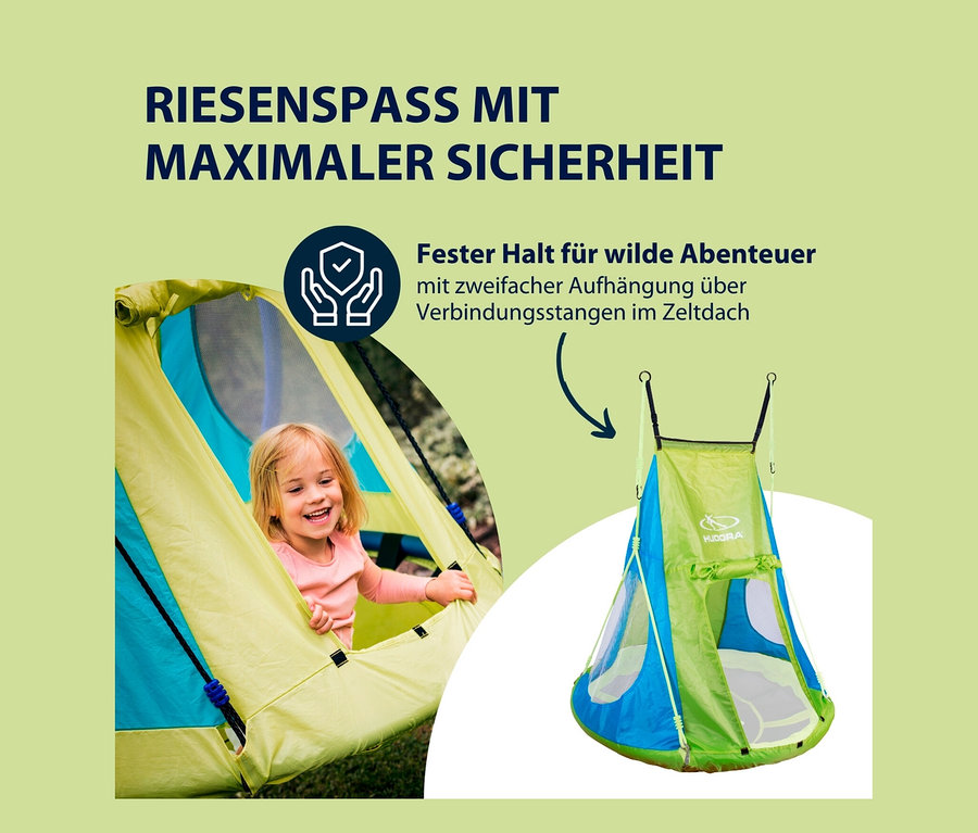 Lächelndes Mädchen schaut aus HUDORA Nestschaukel-Zelt Cosy Castle 110.