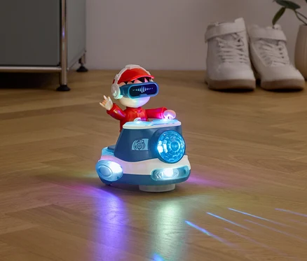 Spielzeugfigur in roter Kleidung und VR-Brille sitzt auf einem leuchtenden Spielzeugauto.