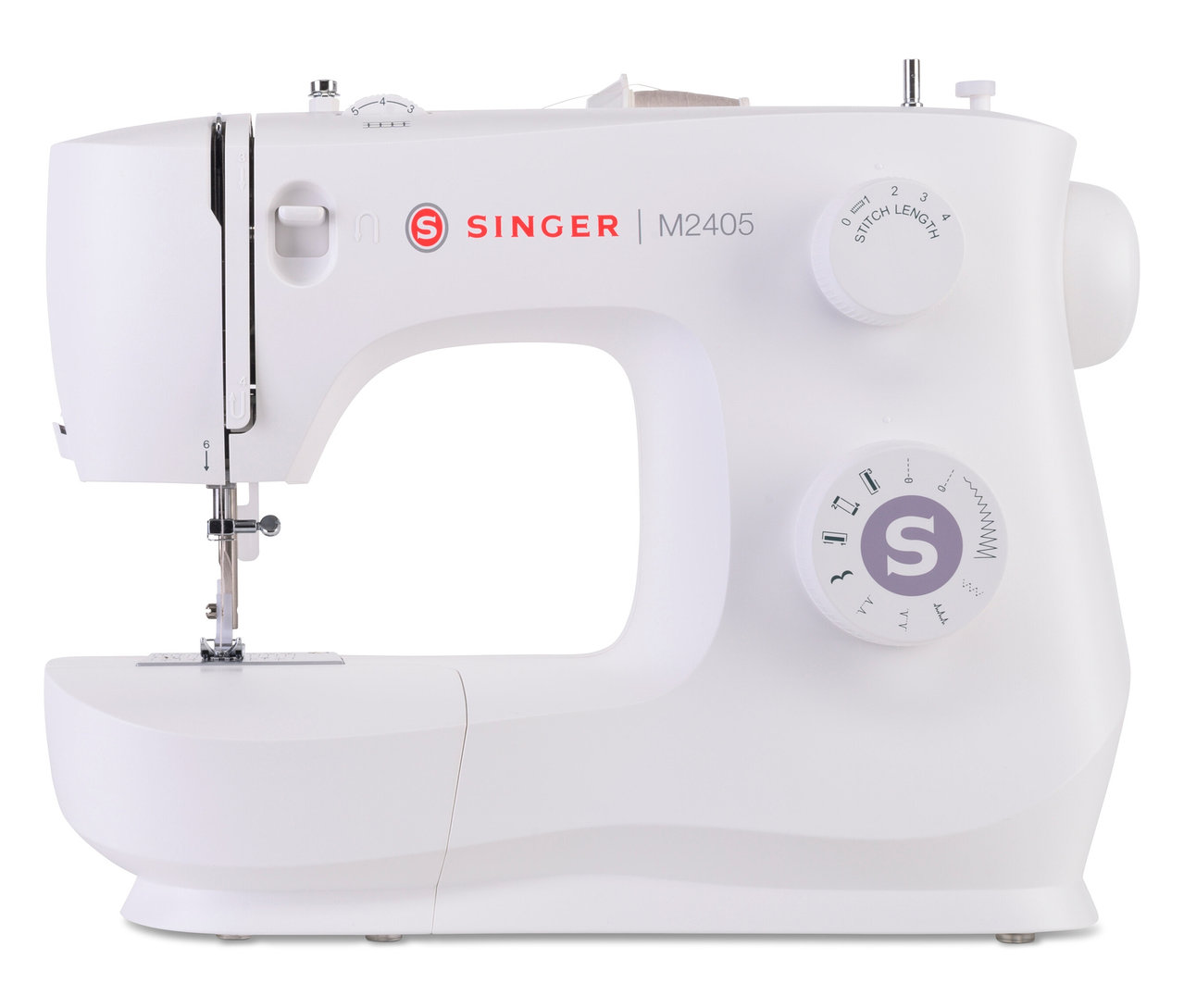 Detailaufnahme einer weißen Singer Nähmaschine M2405.