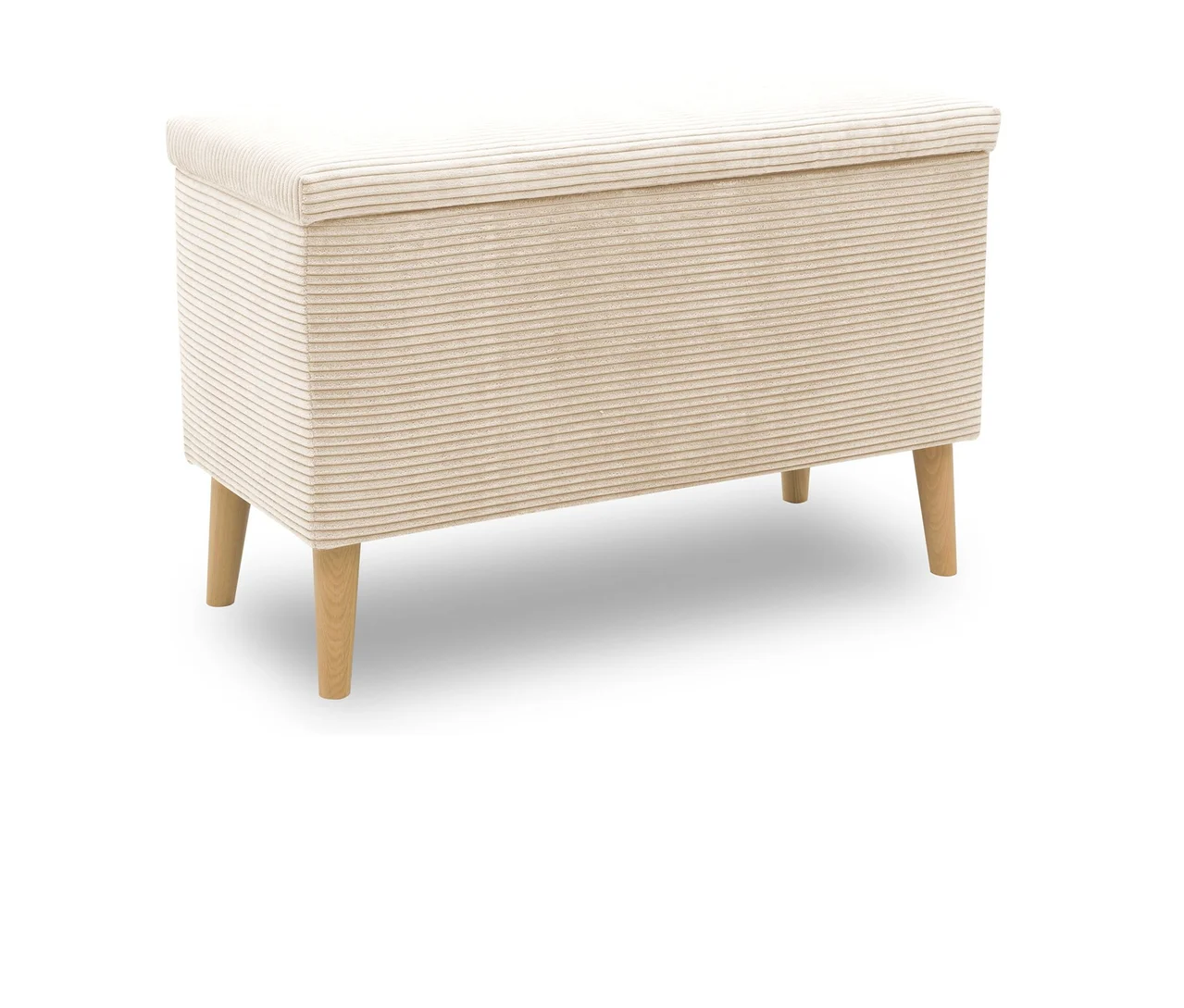 Ein cremefarbener DOMO Hocker mit Staufach steht auf vier Beinen.