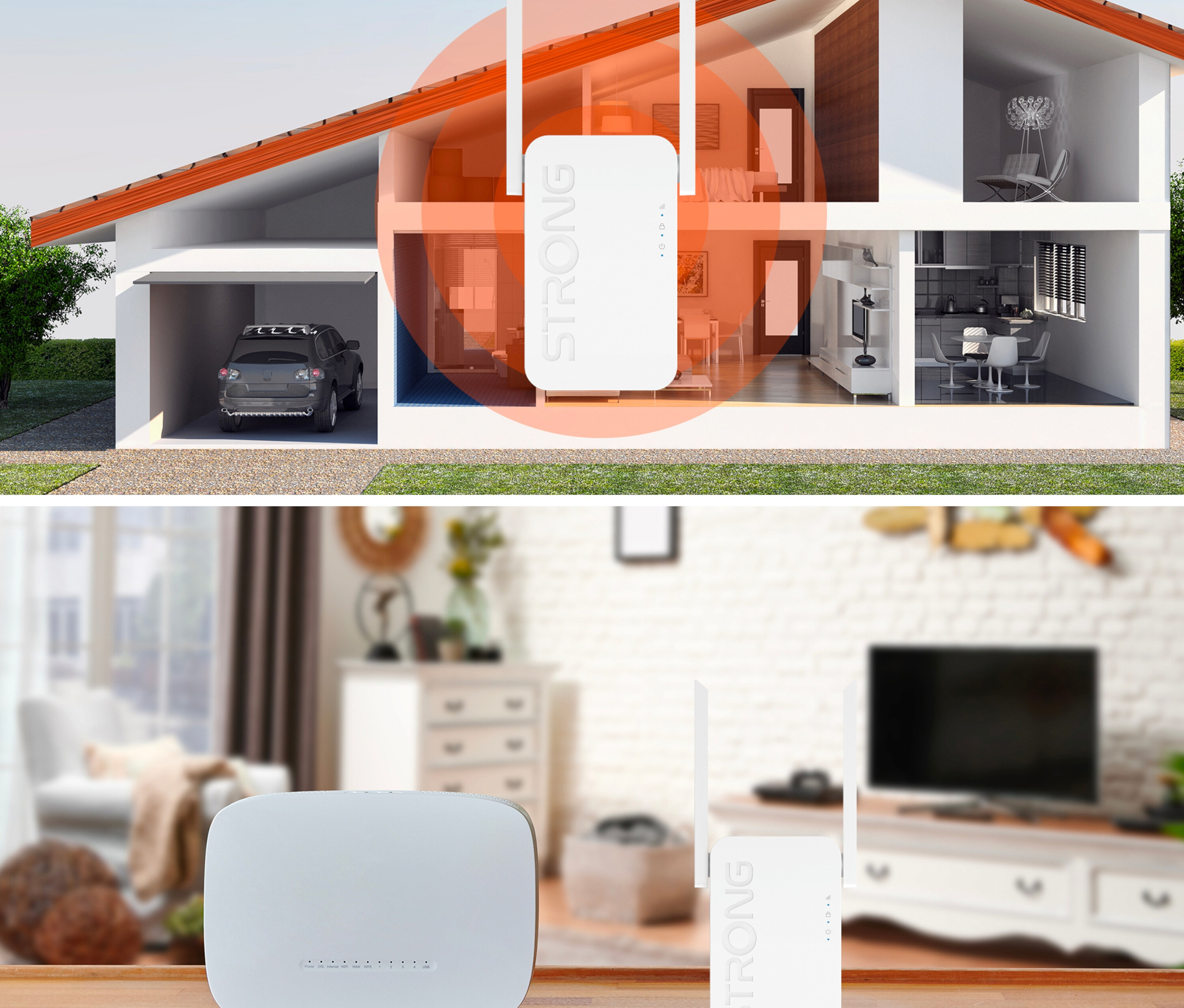 Zweiteiliges Bild zeigt einen weißen Strong Wi-Fi-Router und Repeater. Der obere Teil zeigt ein Haus und die Reichweite des Repeaters. Der untere Teil zeigt den Repeater auf einem Tisch. Strong Wi-Fi 6 Repeater »AX 1800«.