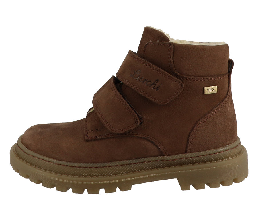 Ein brauner Lurchi "Daniele-TEX" Schuh mit Klettverschluss.