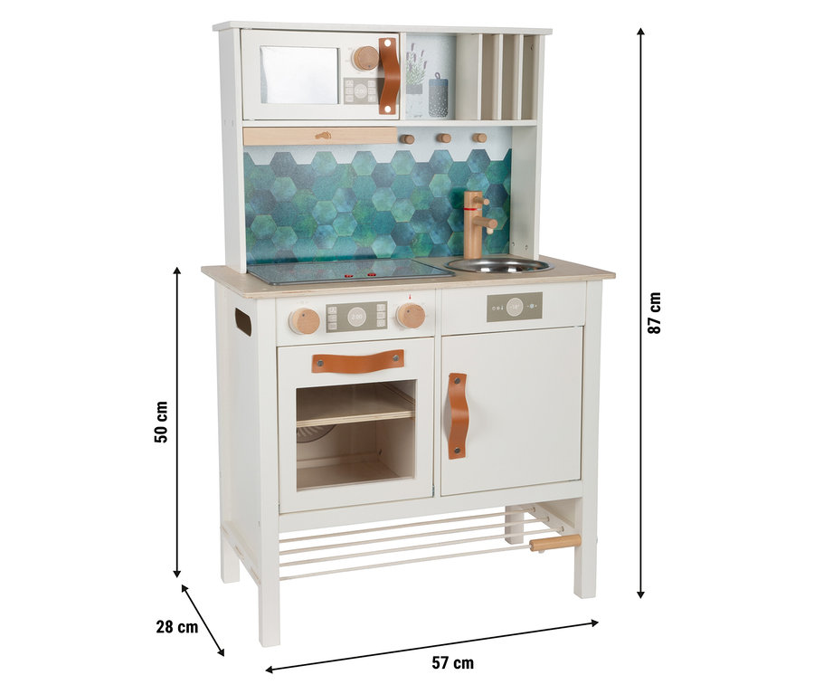 Eine kompakte small foot Kinderküche »tasty« in Weiß mit Holzelementen. Inklusive Backofen, Herd, Spüle und Regale.