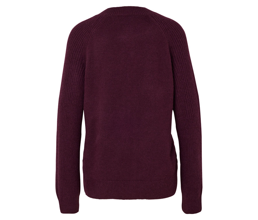 Rückansicht eines kastanienbraunen Pullovers mit langen Ärmeln und Rundhalsausschnitt.